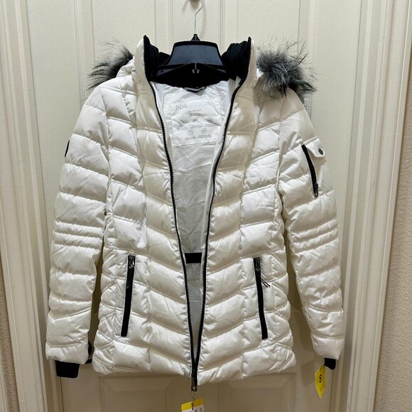 New Nautica Women's Puffer Jacket Size S White Water Resistant Faux Fur Hood - Picture 3 of 15